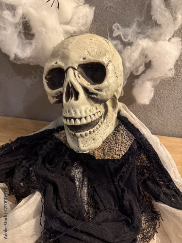 halloween skull decor with cobwebs, concept of party, events, costumes, banner
