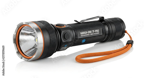 A metal flashlight designed for harsh environments, studio shot on white.