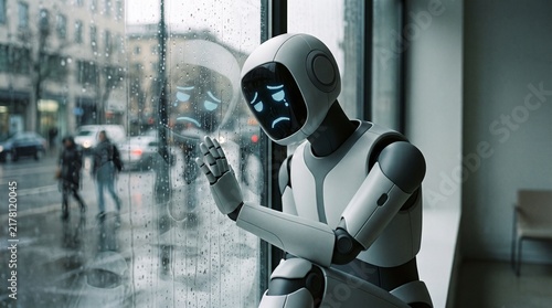 A modern robot is seeing sadly the rainy outside through a glass window