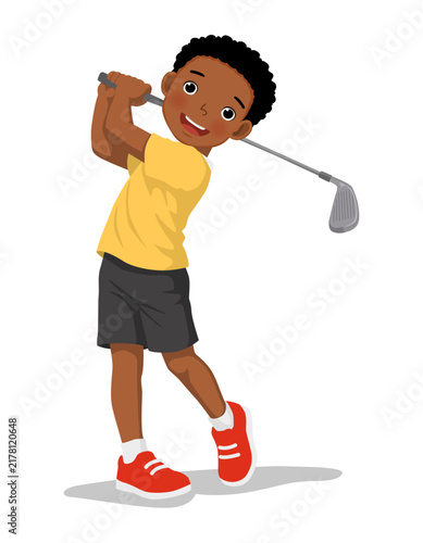 Little boy playing golf swinging the golf club isolated on white background
