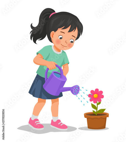 Little girl watering potted flowers plant with watering can in garden, vector isolated
