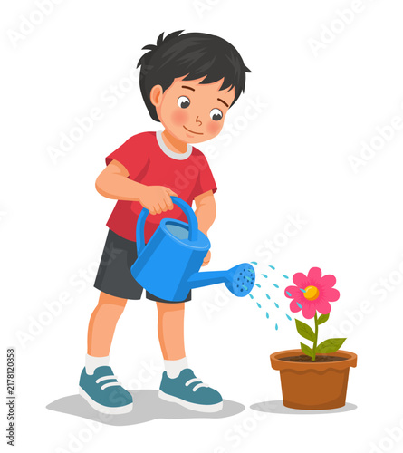 Little boy watering potted flowers plant with watering can in garden, vector isolated
