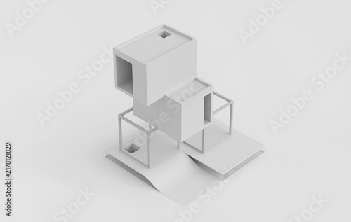 Minimalist 3D render of abstract conceptual house composed of stacked geometric volume and form. Monochrome visualization representing modern architecture. 3D Rendering.