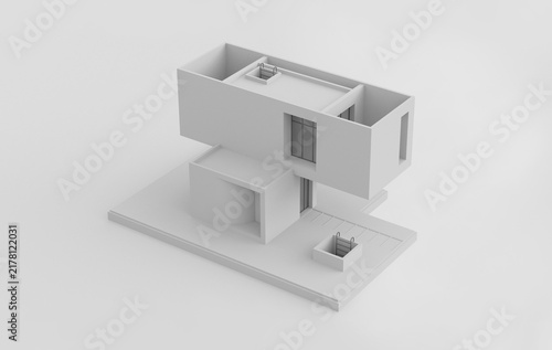 Minimalist 3D render of abstract conceptual house composed of stacked geometric volume and form. Monochrome visualization representing modern architecture. 3D Rendering.