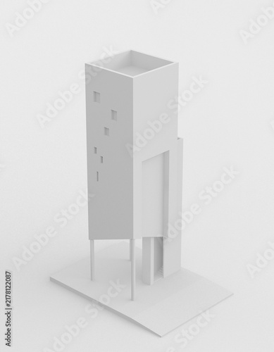 Minimalist 3D render of abstract conceptual house composed of stacked geometric volume and form. Monochrome visualization representing modern architecture. 3D Rendering.