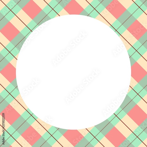 Round Card Frame on Coral and Mint Plaid Background