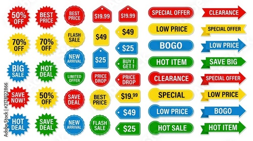 Retail sale stickers and price tags collection. Colorful discount labels for shopping promotions. Marketing badges for clearance and special offers.