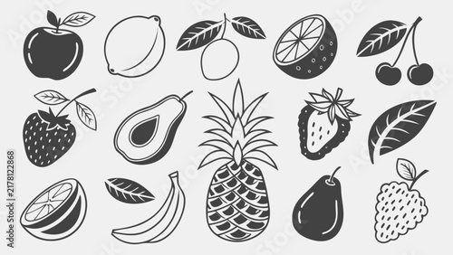 Organic Fruit Icons Set for Healthy Eating and Nutrition Design