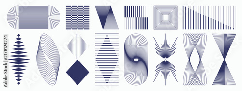 Abstract geometric line elements set. Vector blue striped shapes, arrows, triangles, circles and optical forms for modern posters, branding, editorial layouts and graphic design