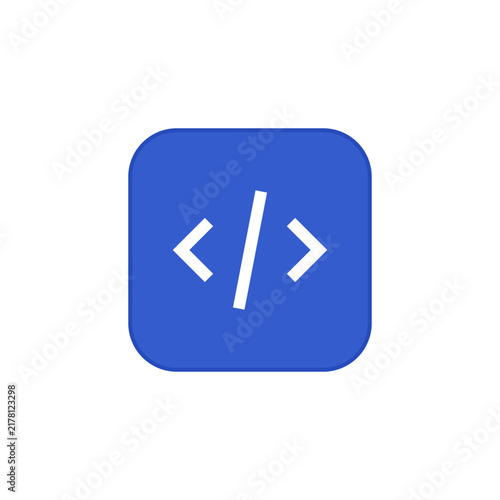 Code brackets vector icon in blue square button, showing programming, development, script editing, website markup, software engineering and clean developer symbol.
