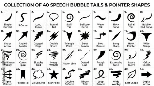 Collection of 40 speech bubble tails and pointer shapes. Black comic book callout elements, hand-drawn arrow and swirl icons set