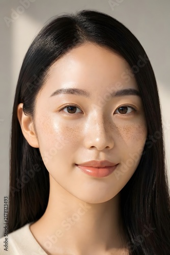 Young Japanese Woman With Natural Freckles and Radiant Skin. Asian skincare, beauty wellness concept