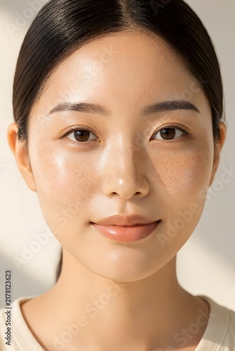 Young Japanese Woman With Natural Freckles and Radiant Skin. Asian skincare, beauty wellness concept