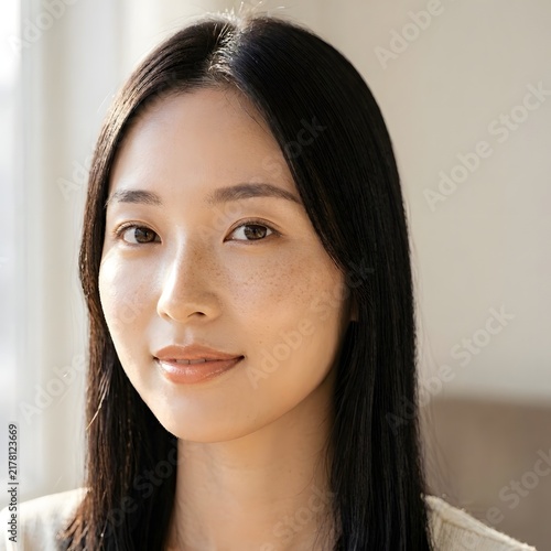 Young Japanese Woman With Natural Freckles and Radiant Skin. Asian skincare, beauty wellness concept