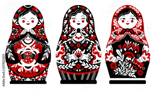 Vector set of black and red silhouette of matryoshka dolls in folk art style. Monochrome collection of decorative women with ornament.