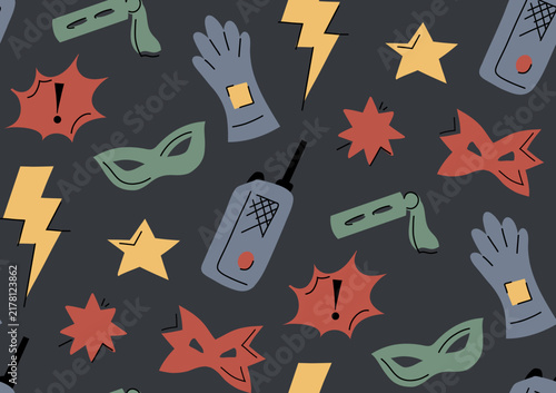Vector seamless superhero pattern. Doodle texture with stars, radio, glove and masks on dark background. Heroic background