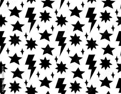 Vector seamless pattern with black hand drawn comic stars and lightning on white background. Monochrome texture with stars