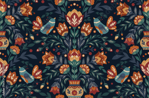 Vector seamless ornament with birds and flowers in a vase in folk art style on dark background. Texture with tracery blooming floral pattern