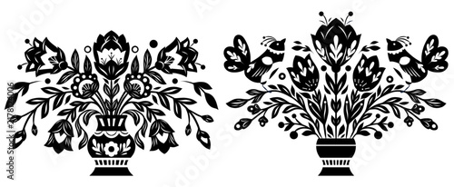 Vector clip arts set of bouquets with birds and flowers in a vase in folk art style. Monochrome collection with tracery blooming floral illustration