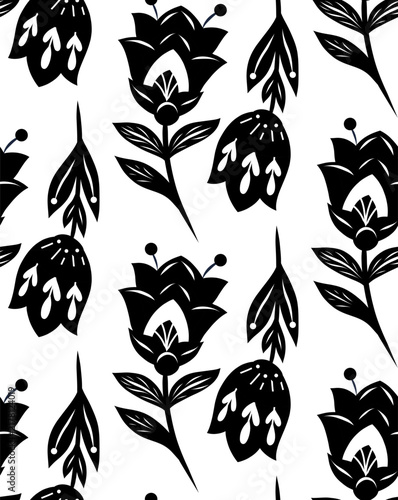 Vector monochrome pattern with folk art flowers on white background. Seamless texture with black silhouette of wildflowers.