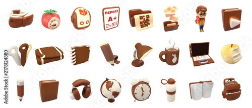 Vector 3D education mega icon set chocolate brown clay icons school university student backpack book globe pencil report card laptop apple