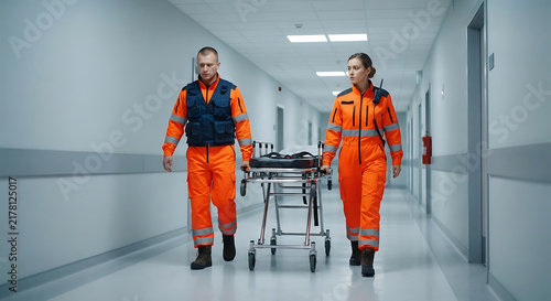 Two rescue personnel in bright orange uniforms lifting a medical stretcher, walking through an empty corridor.