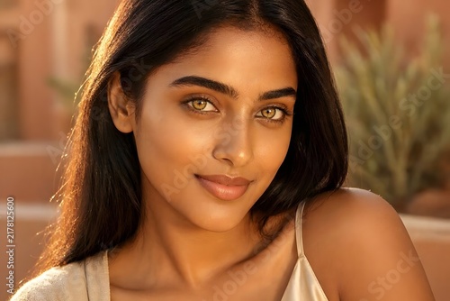 Young Indian Woman With Radiant Golden Brown Skin. Skincare, wellness and South Asian beauty concept
