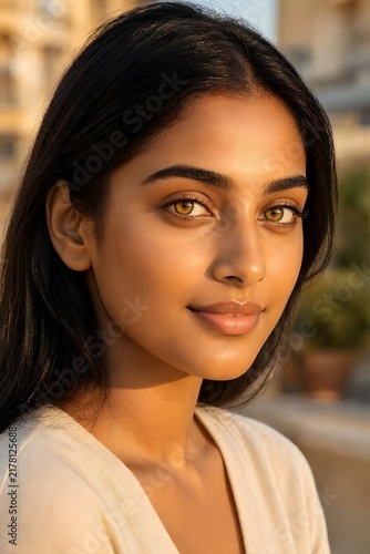 Young Indian Woman With Radiant Golden Brown Skin. Skincare, wellness and South Asian beauty concept