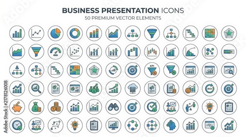 Business presentation icons, set of 50 premium vector elements. Corporate data visualization symbols. Professional analytics and finance graphics.
