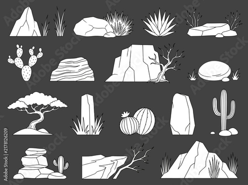 Desert Landscape Vector Icons: Rocks, Cacti, and Dry Vegetation Line Art Set