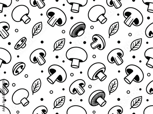 Black and White Mushroom and Leaf Seamless Pattern Vector