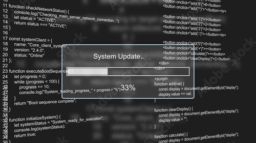 System update progress bar animation loop with percentage loading box on green glowing programming code background visual asset