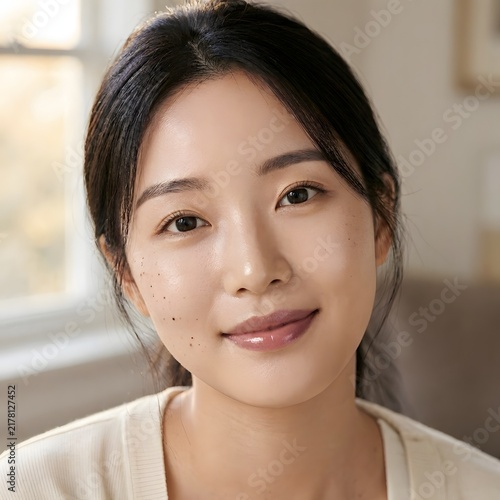 Young Korean Woman With Radiant Skin and Natural Beauty Marks. skincare concept.