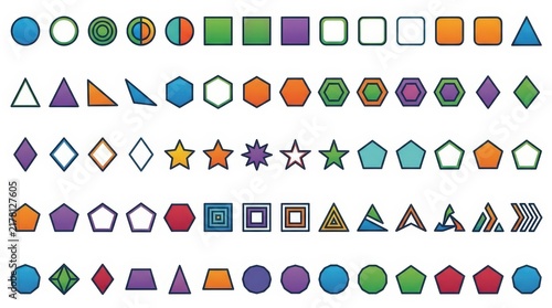 Geometric shape collection, colorful flat icons set of 75 elements. Minimalist vector symbols for educational design and infographics.
