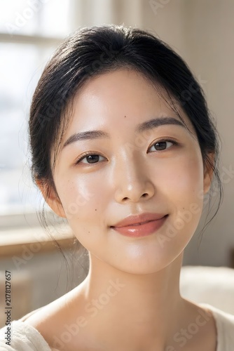 Young Korean Woman With Radiant Skin and Natural Beauty Marks. skincare concept.