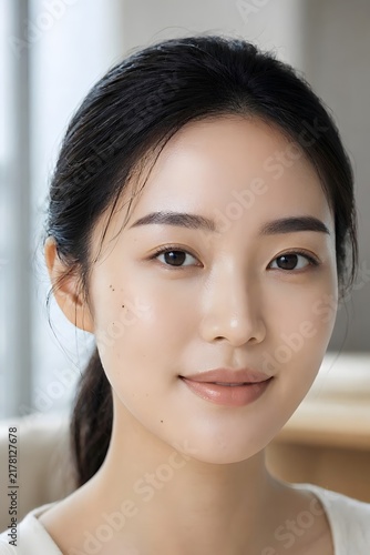Young Korean Woman With Radiant Skin and Natural Beauty Marks. skincare concept.
