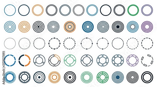 Minimalist geometric circle icons, set of 50 abstract round symbols, modern circular graphic elements for UI design and branding
