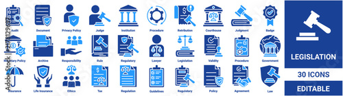 Legislation icon set. Collection of law, judge, courthouse, legislation, lawyer, regulatory, and agreement icons. Editable vector collection. 