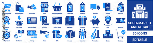 Supermarket and retail icon set. Collection of shopping cart, online shop, discount, delivery, price tag, customer, and checkout icons.  Editable vector collection