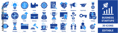 Business startups icon set. Collection of rocket launch, lightbulb, analytics, handshake, trophy, growth, and planning icons. Editable vector collection