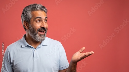 Middle aged south asian man friendly smile open palm coral A middle aged South Asian man presents to the side with a friendly explanatory smile for recommendation guidance and promotion campaigns