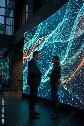 Business colleagues conferring beside artificial intelligence particle display