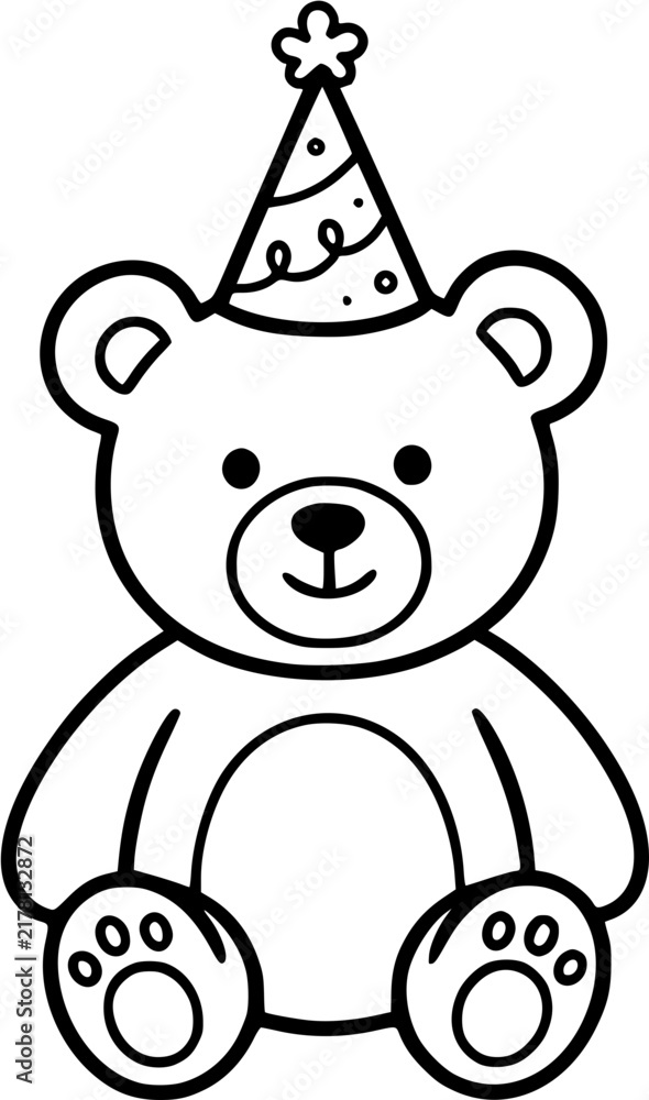 Fototapeta premium Teddy Bear With Party Hat Hand Drawn Birthday Party Doodle SVG Vector Illustration