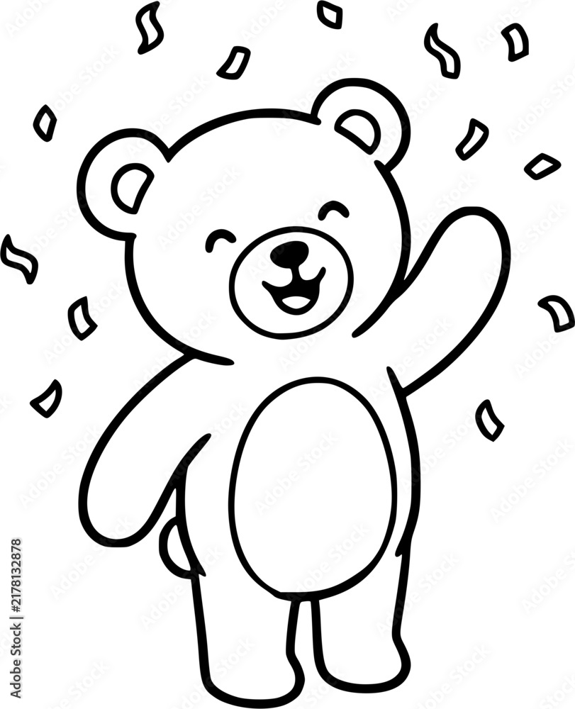 Fototapeta premium Teddy Bear Waving With Confetti Hand Drawn Birthday Party Doodle SVG Vector Illustration
