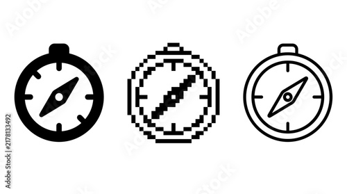 Obraz na płótnie Navigation Compass Icon Variations in Solid, Pixel Art, and Thin Outline Styles