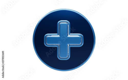 Quadro su tela Blue Plus Sign: A bold, glossy blue plus symbol encased within a circular frame, symbolizing addition, health, or a positive choice