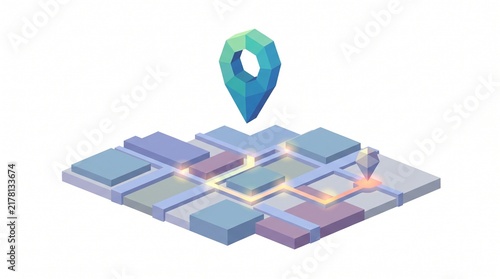 Isometric illustration of a low poly GPS map pin floating over a geometric map
