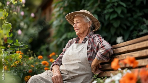 Static slow motion pan tilt of elderly woman adjusting straw hat while sitting and smiling on garden bench among orange flowers in backyard afternoon