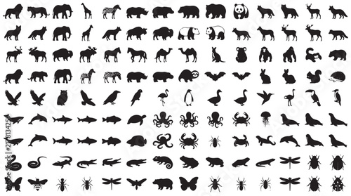 Black animal silhouettes collection, 140 wildlife vector icons, diverse fauna set with mammals birds and sea life