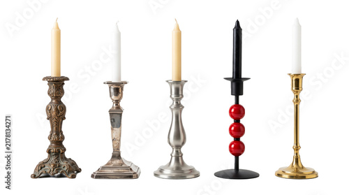 Assorted vintage and modern metal candlestick candle holders.